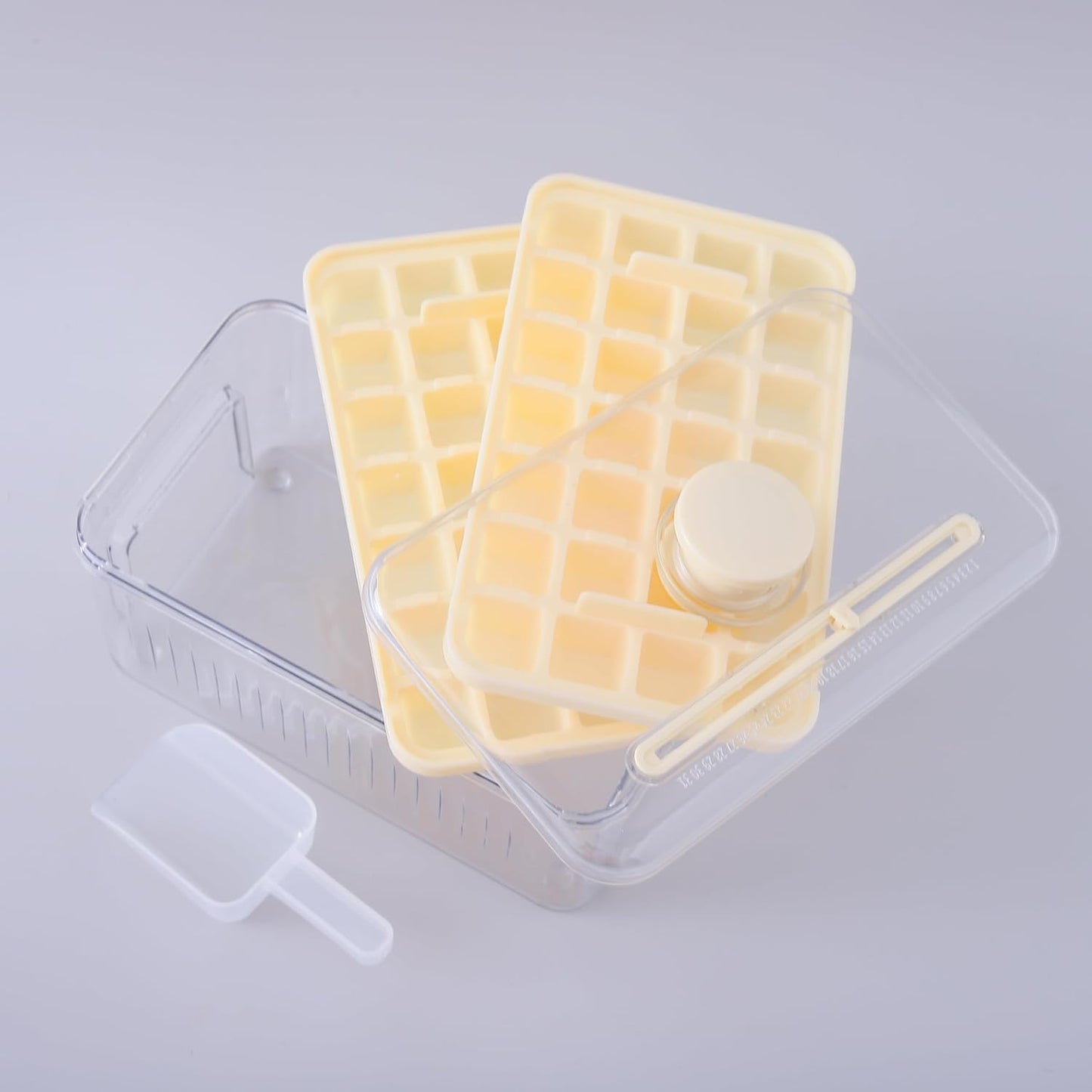 Kuber Industries Pack of 3| 2 Layer Ice Cube Tray with Lid | Ice Cube Storage Box with Ice Scoop | 56 Ice Cube Molds for Freezing | One-Press Demolding | BPA Free | Beige