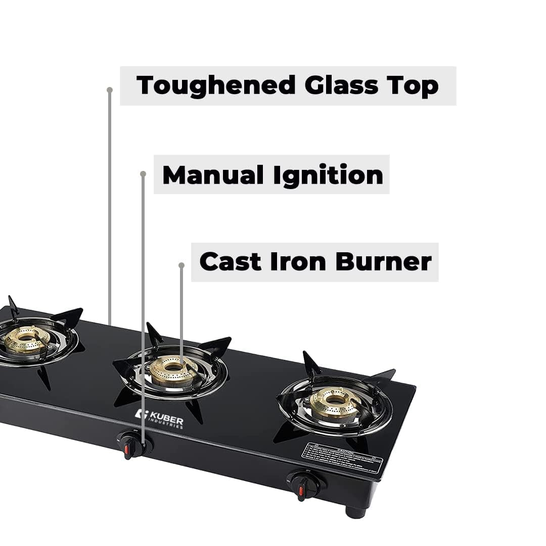 Gas Stove 3 Burner - Easy to Clean, Wobble Free Design | 1 Piece Gas Burner Included | Compact | Black