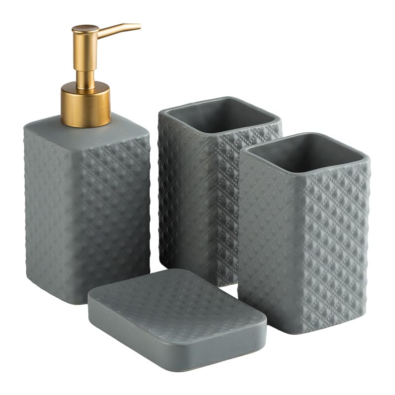 UMAI 4 Pcs Ceramic Bathroom Accessories Set - Tooth Brush Holder, Water Cup (340ml), Soap Dispenser (350ml), Soap Holder Dish for Bathroom (Grey)