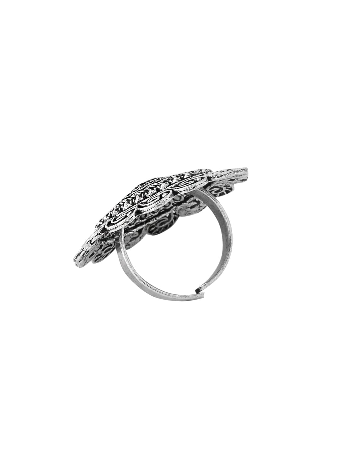 Combo: Traditional Silver Oxidised Big Charm Floral Rings | 4 Pcs Adjustable Set | Silver