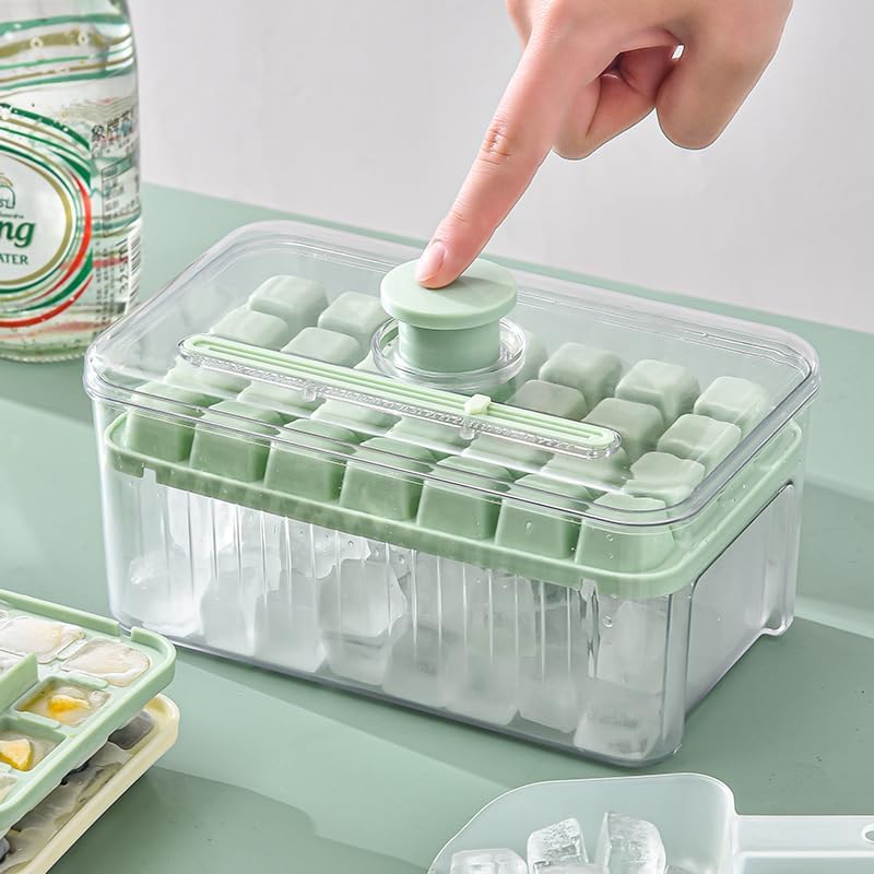 Kuber Industries Pack of 2| 2 Layer Ice Cube Tray with Lid | Ice Cube Storage Box with Ice Scoop | 56 Ice Cube Molds for Freezing | One-Press Demolding | BPA Free | Green