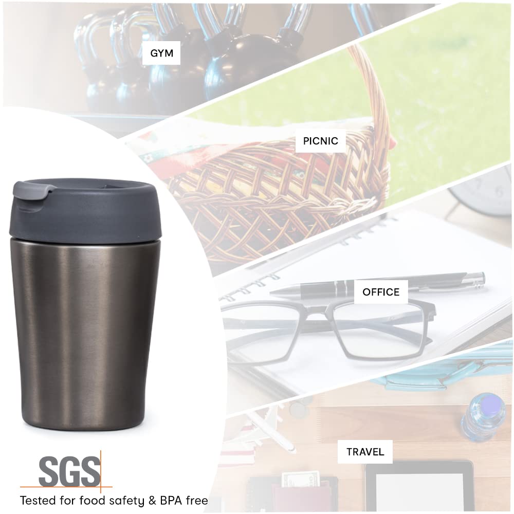 Insulated Travel Mug - BPA Free, Leak Proof Flip Lid, Double Wall | 365 ML | Grey | Keeps Hot/Cold for 6 Hours