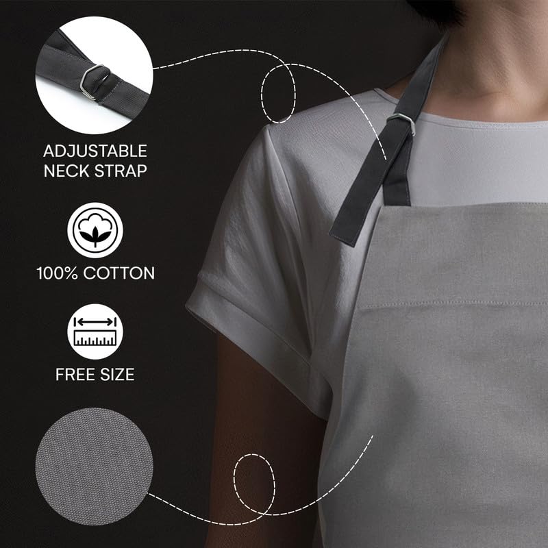 Encasa XO Cotton Stain-Resistant Kitchen Bib Apron - Grey With Adjustable Straps, Pocket & Towel Holder | For Home & Outdoors Cooking - Men & Women - 68x85 cm