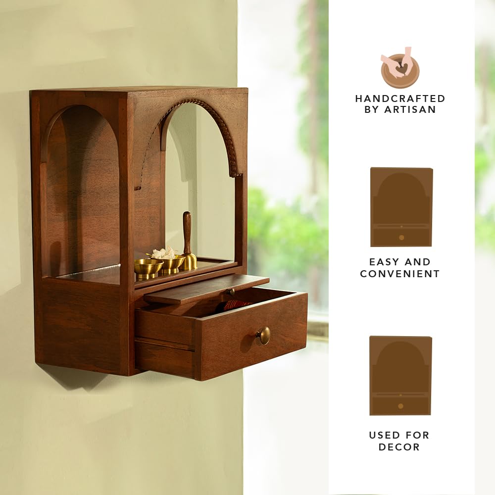 Wooden Home Temple - Classic Pooja Mandir for Wall | Ideal for Housewarming & Weddings | Brown Design