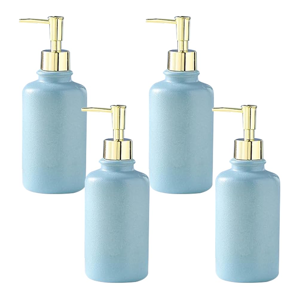 Set of 4: Ceramic Soap Dispenser Bottles with Liquid Pump | For Kitchen & Bathroom | 400ml | Blue