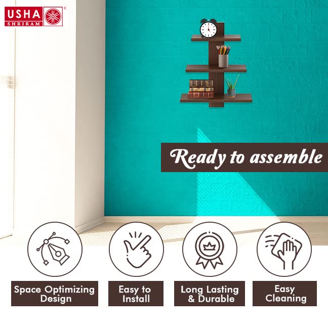 USHA SHRIRAM Tree Shape Wall Mounted Shelf | Ready to Assemble Book Shelf for wall Durable & Sturdy Engineered Wood Wall Shelf for Living Room | 1 Piece | Wenge