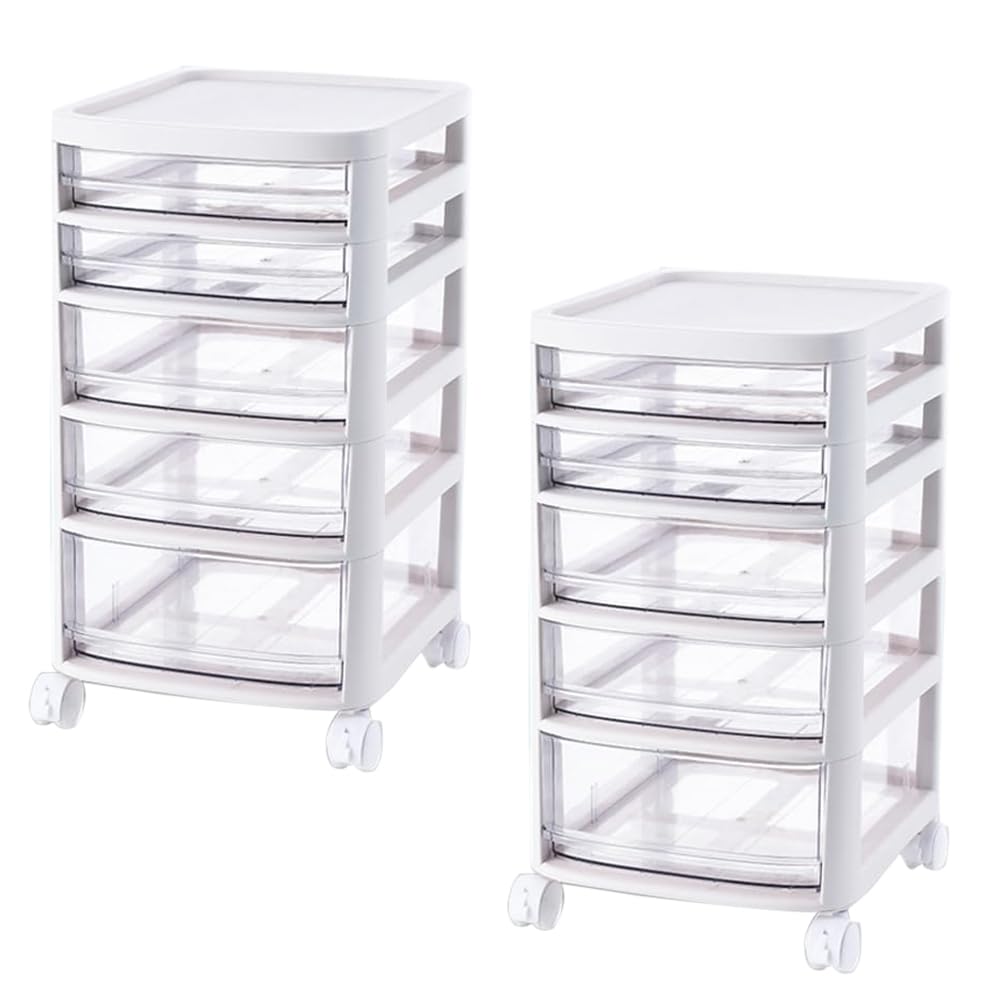 Kuber Industries 5 Layer Cosmetic Cabinet with Trolley|5-Tier Rolling Cart|Shelf Stand With Drawer|Pack of 2|White