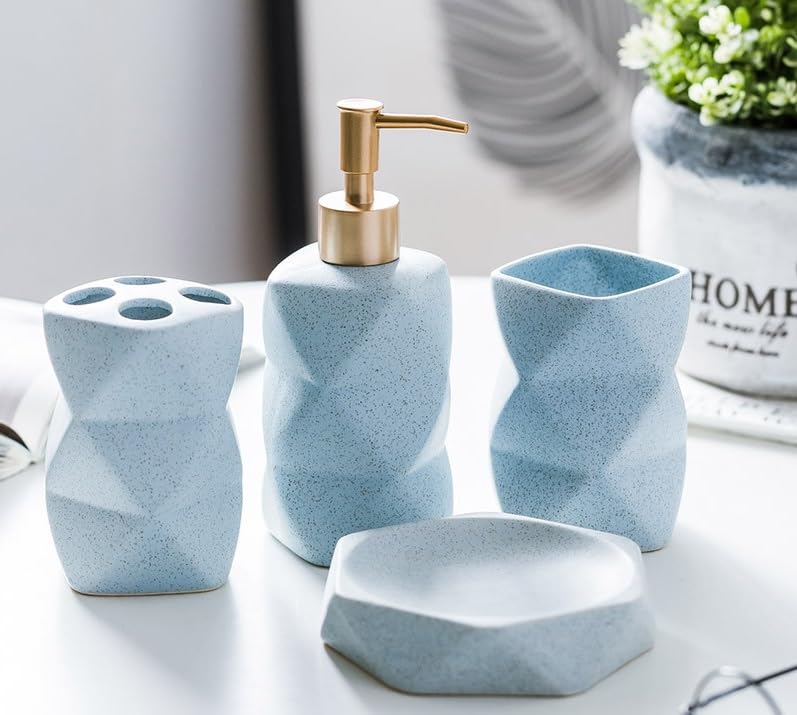 4 pcs Set: Bathroom Accessory Set - Ceramic Soap Dispenser, Toothbrush Holders & Dish | Standard Size | Blue