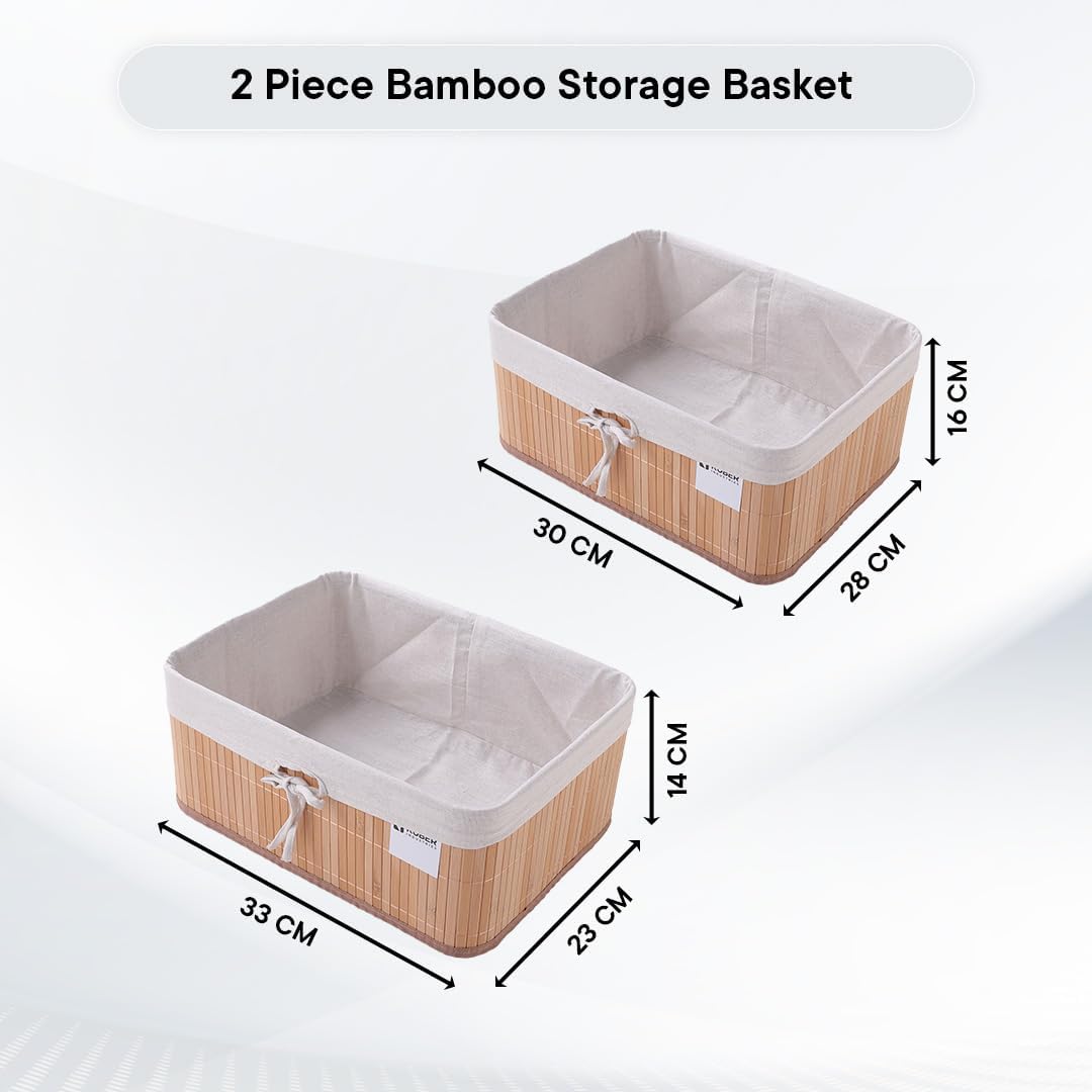 Kuber Industries Pack of 4 Bamboo Storage Basket With Liner|Fodable Storage Organizer|Box For Cloth, Toiletry, Bathroom|Capacity 17L, 10.6L|Natural|