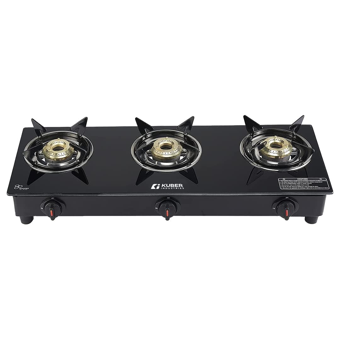 Gas Stove 3 Burner - Easy to Clean, Wobble Free Design | 1 Piece Gas Burner Included | Compact | Black