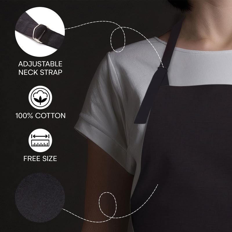 Encasa Homes Cotton Stain-Resistant Kitchen Bib Apron - Full Black With Adjustable Straps, Pocket & Towel Holder | For Home & Outdoors Cooking - Men & Women - 68x85 cm