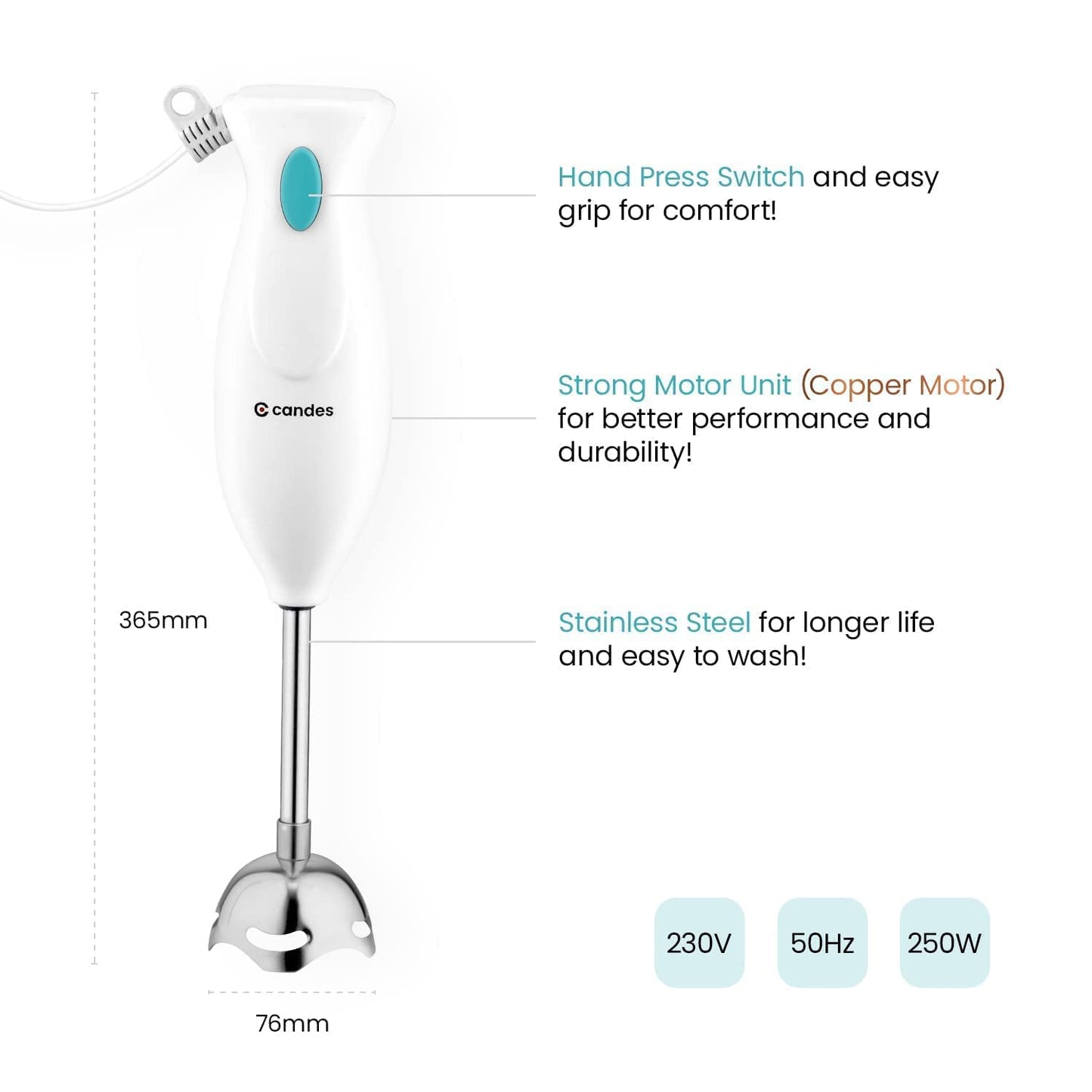 Candes ABS Plastic Handywg Hand Blender 250 Watts,1 Year Warranty,White-Green