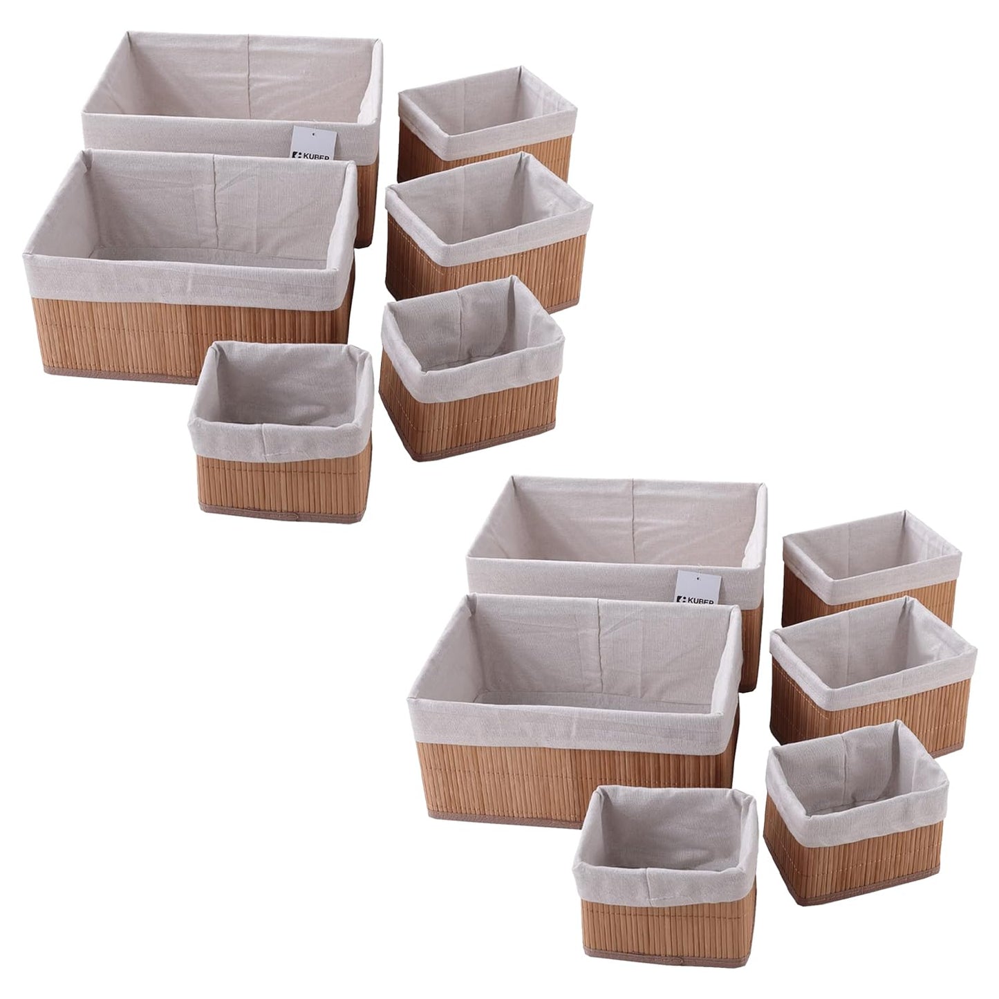 Pack of 12: Bamboo Storage Baskets - Foldable, With Liner | For Toiletries & Clothes | Capacity 14.9L-1.9L | Natural