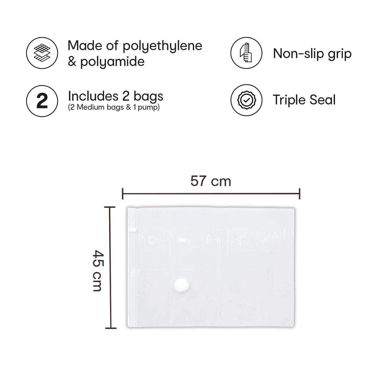 Combo: Set of 2 Medium Size Vacuum Storage Bags - Thick, Reusable | Free Pump Included | 23cm x 4.5cm | White