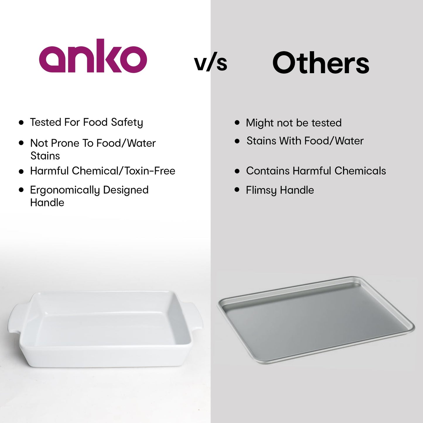 Anko Stoneware Rectangular Baking Tray | Oven, Dishwasher, Microwave-Safe Baking Dish | Oven to Table Cookware for Kitchen | White | 6.7 (H) x 43(W) x 24.5 (D) Cms