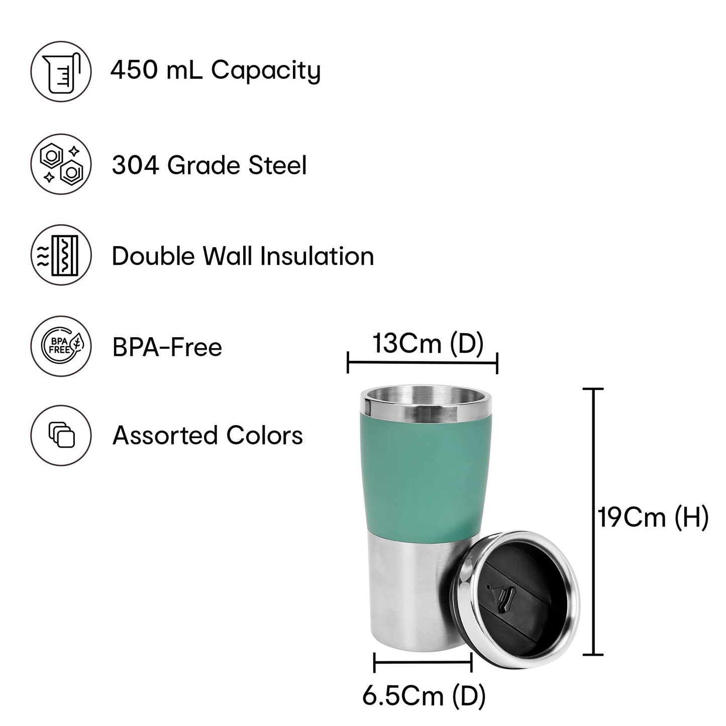 450 ML Insulated Travel Mug - BPA Free, Leak Proof | Double Wall Stainless Steel | Keeps Drinks Hot/Cold | Green