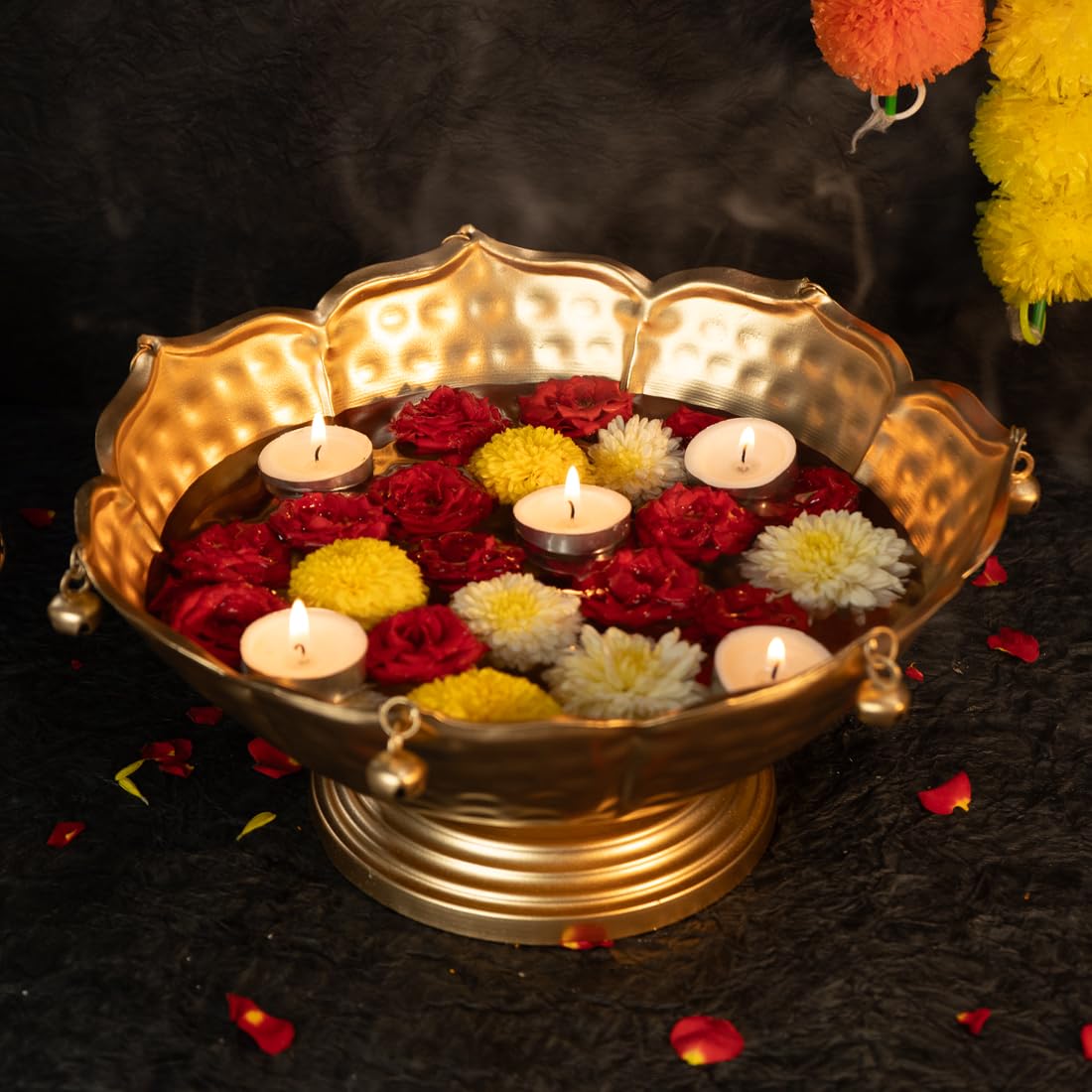 Ekhasa Urli Bowl for Home Decor & Table Decoration | Floating Flowers, Tealight Candles Water Bowl for Diwali Pooja & Festivals | Gift for House Warming Ceremony (Tealight, Urli Combo)