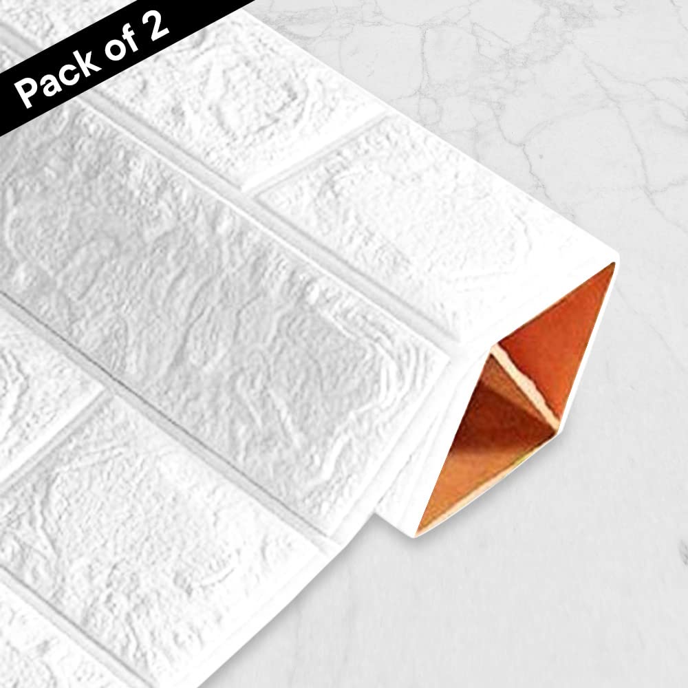 Pack of 2: 3D Foam Brick Pattern Wallpaper | Easy Peel, Stick & Remove | 70cm x 77cm | White