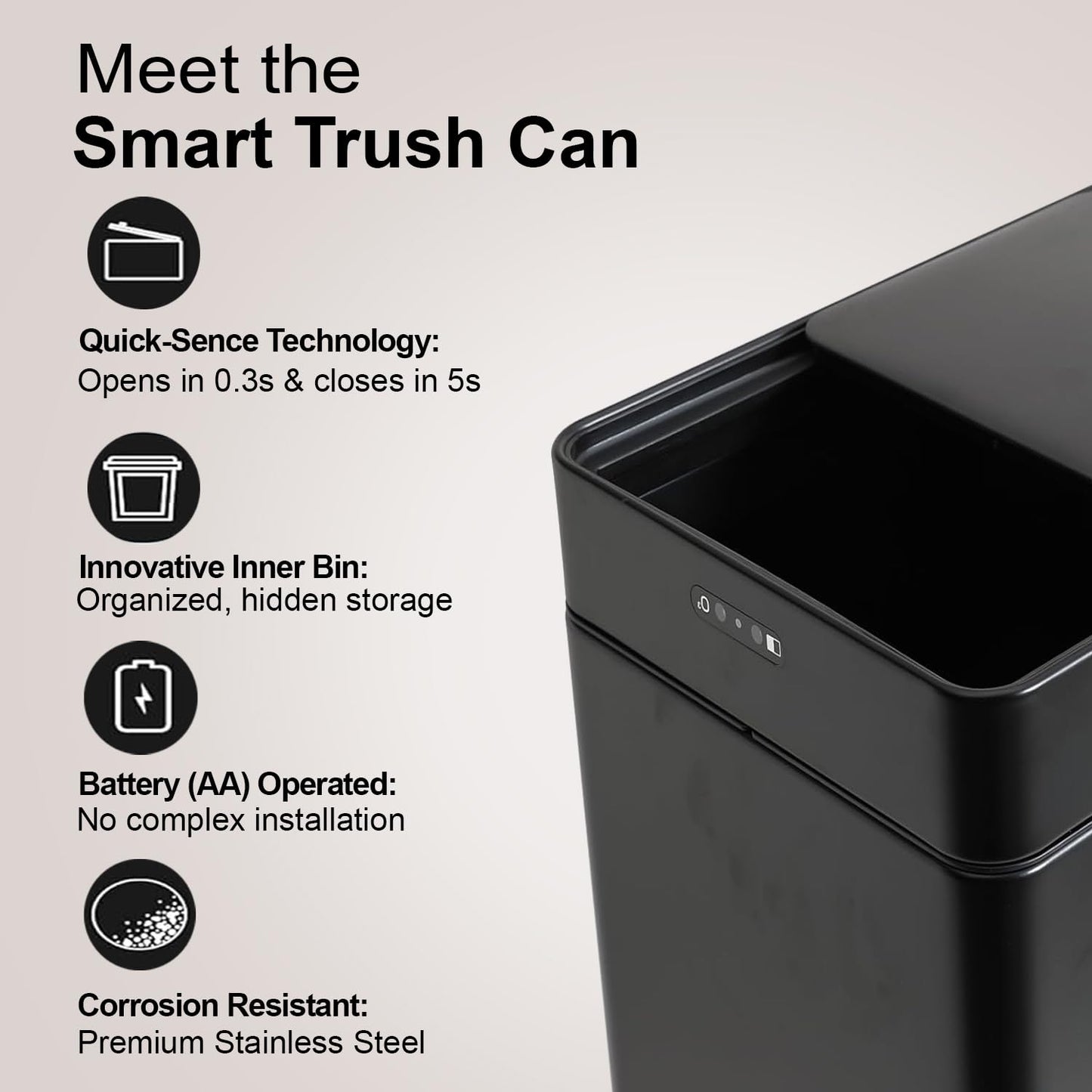 Kuber Industries Sensor Dustbin | Sliding Big Sensor Dustbin | Touchless Trash Can | Smart Dustbin for Bedroom-Office-Living Room | Automatic Garbage Can | HN-ZH-BLK-42L | Black