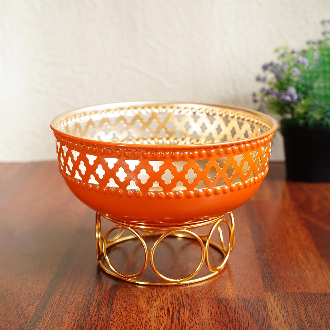 Ekhasa Orange Urli Bowl with Stand for Home Decor & Table Decoration | Floating Flowers, Tealight Candles Water Bowl for Diwali Pooja & Other Festivals | Gift for Various Occasions