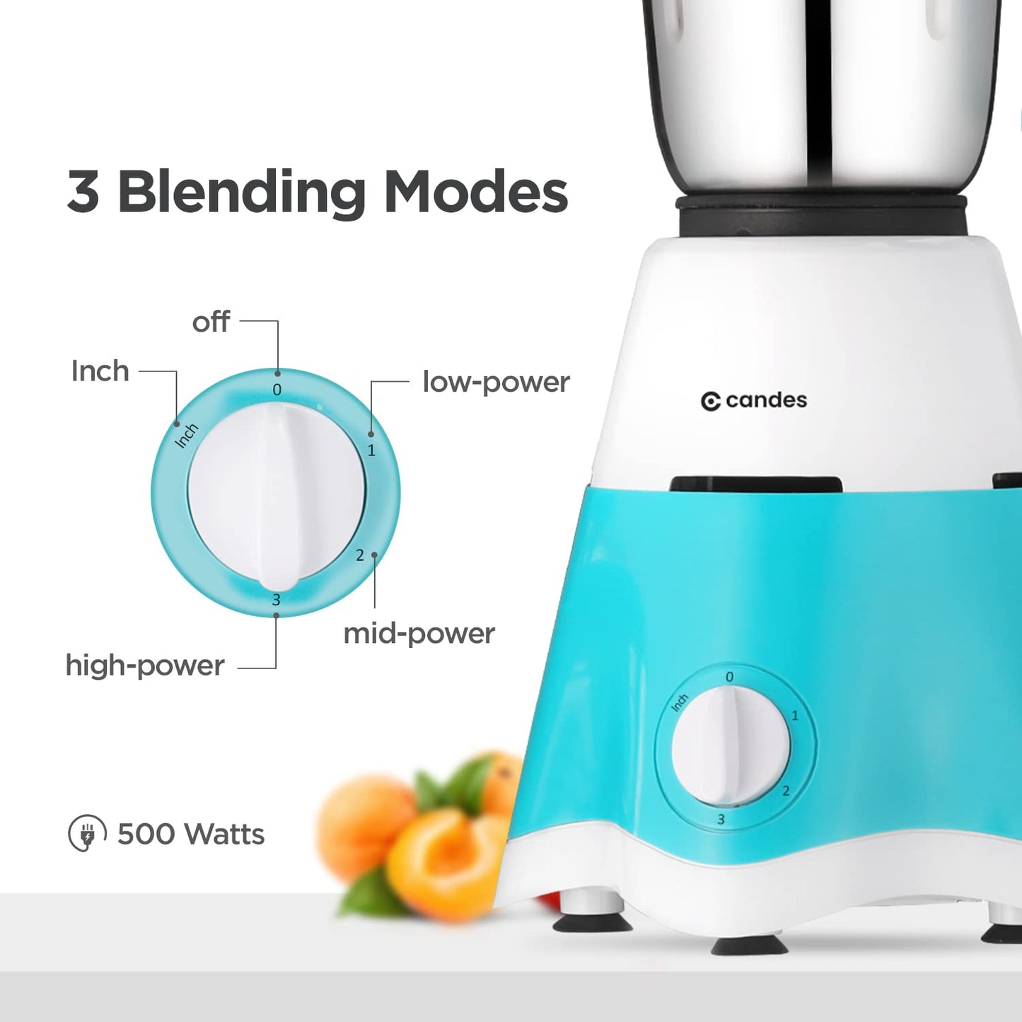 CANDES Ultra 500W Mixer Grinder Machine for Kitchen- 3 Stainless Steel Multipurpose Jars, Powerful Copper Motor, Efficient Steel Blades | Superior Mixie for Kitchen with 2 Yrs Warranty- White & Blue