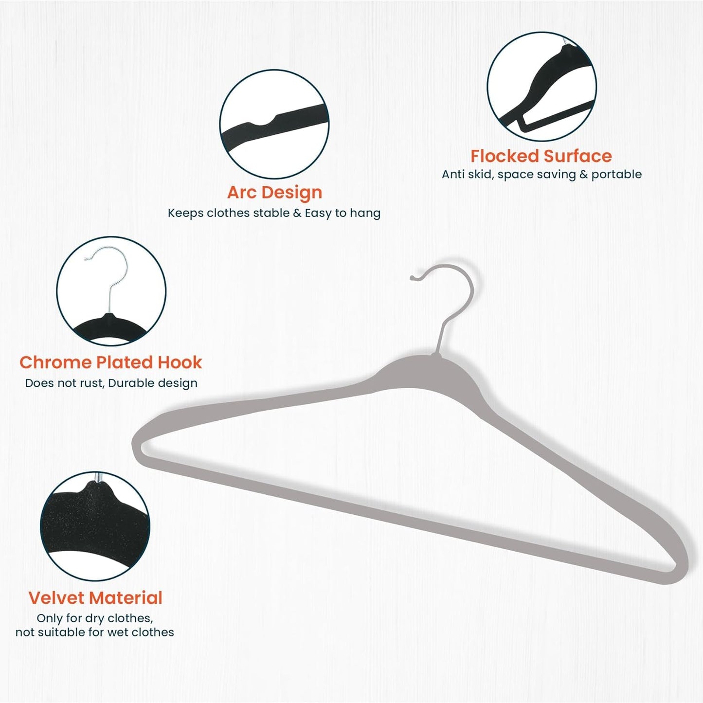 Kuber IndustriesVelvet Cloth Hanger Set of 15 with Chromed Plated Steel Hook|GREY|