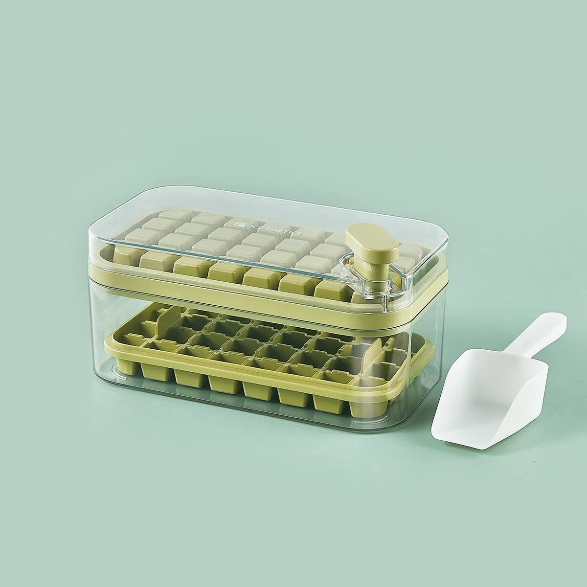 Kuber Industries Pack of 6| 2 Layer Ice Cube Tray with Lid | Ice Cube Storage Box with Ice Scoop | 64 Ice Cube Molds for Freezing | One-Press Demolding | BPA Free | Green