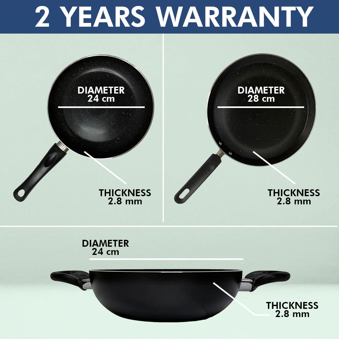 USHA SHRIRAM 3 Piece Non Stick Set of Tawa, Fry Pan, Kadhai (Lid) & Spatula Set | Stove & Induction Cookware | Easy Grip Handles | 3 Layer Non Stick Coating | Lightweight | Gift Set