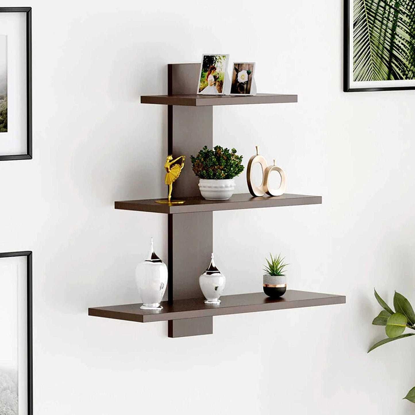 Combo: Wooden Wall Shelf with Multipurpose Tree Shape Design | 3 Tier | Engineered Wood | Color: Brown