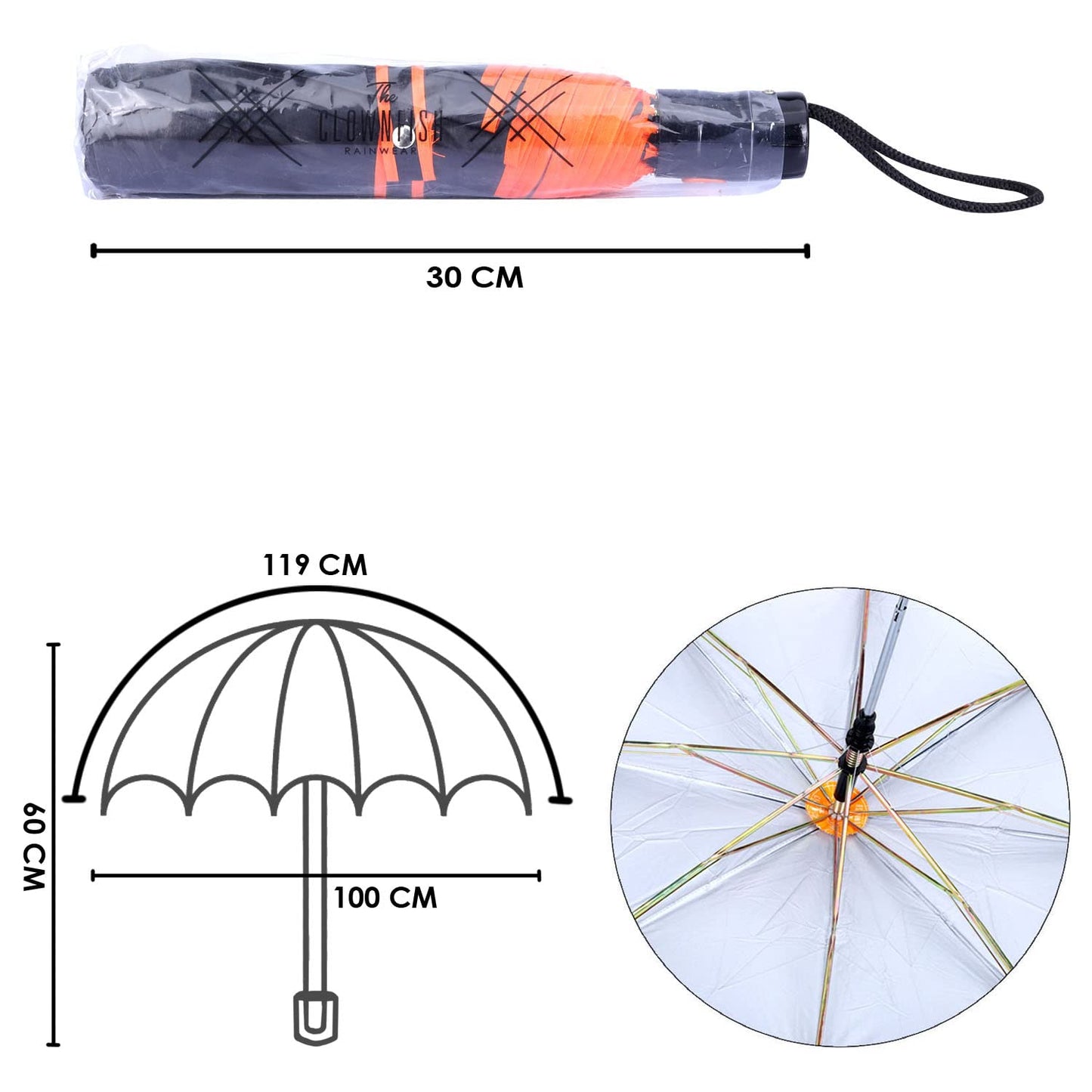 THE CLOWNFISH Umbrella Coloured Piping Series 3 Fold Auto Open Waterproof 190 T Polyester Double Coated Silver Lined Umbrellas For Men and Women (Coloured Piping- Orange)