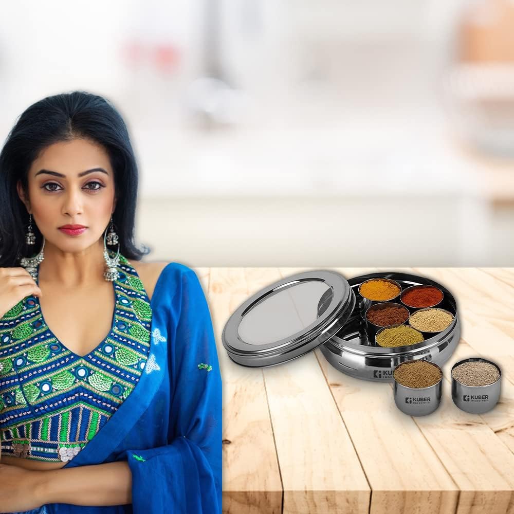 Pack of 4: Stainless Steel Belly Shape Masala Box - 7 Containers, Spoon, See-Through Lid | 1250 ml | Silver