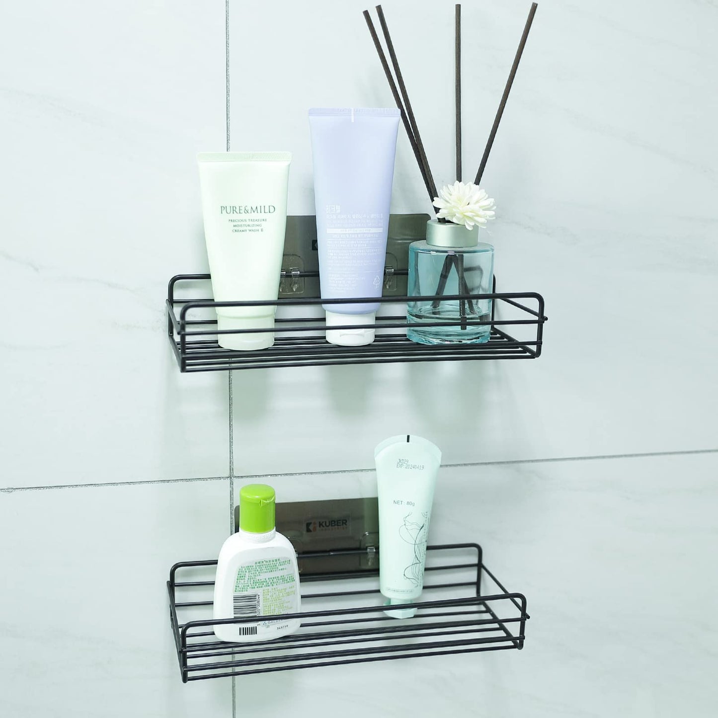 Kuber Industries Stainless Steel Bathroom & Kitchen Organizer Rack|Multipurpose Wall Shelves Non-Toxic|Storage Racks & Shelves for Bathroom & Kitchen|HR-14|Set of 2|Black (Pack of 4)