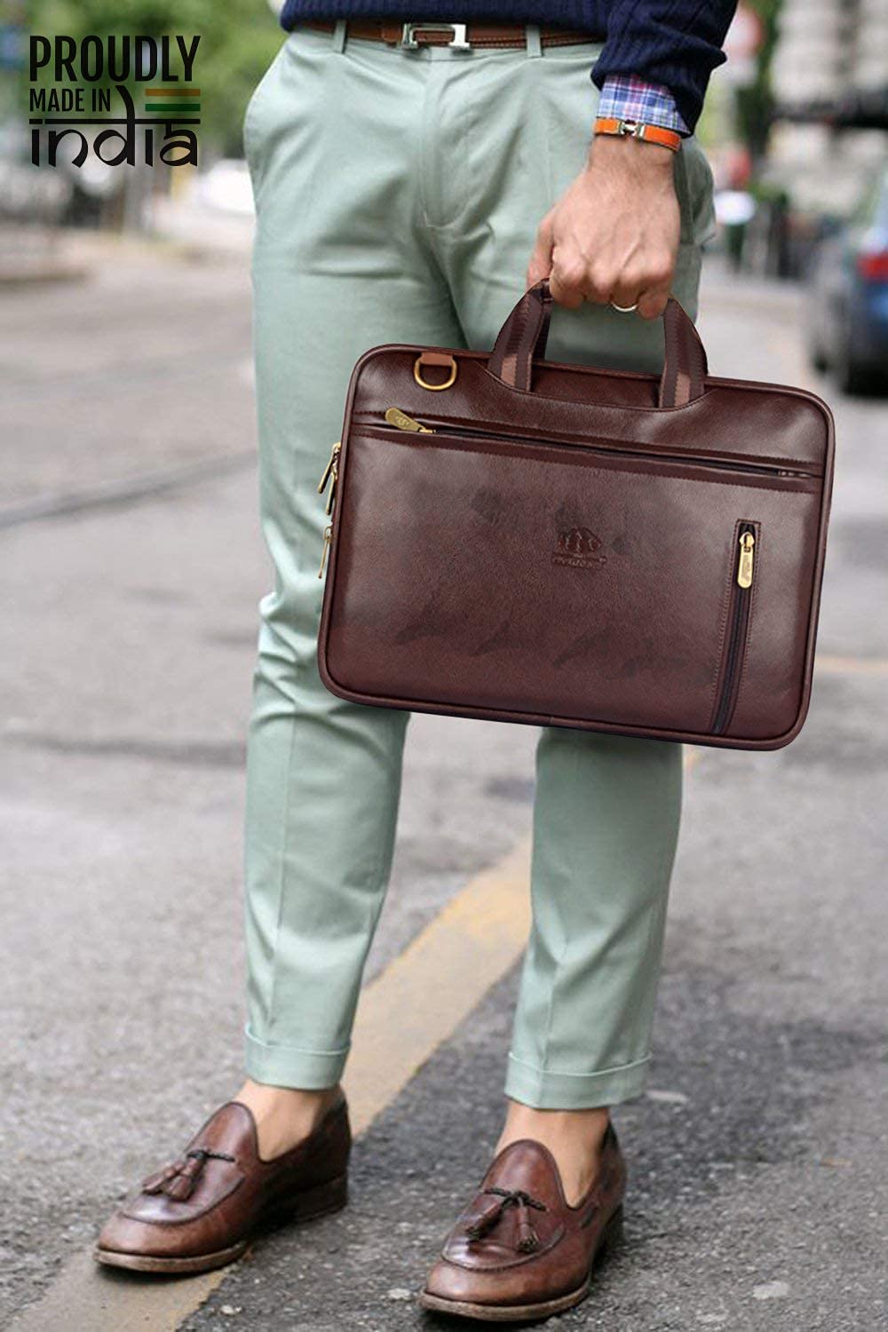 Elegant Laptop Bag - Water Resistant, Synthetic Leather | Adjustable Strap | Fits up to 15.6 inch | Brown