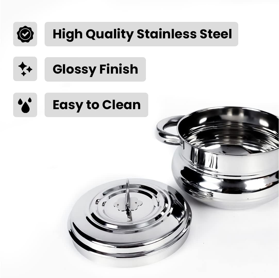 Kuber Industries Stainless Steel Handi Casserole Set of 3 with Lid|Cook and Serve|600 ml, 1 Litre, 1.6 Litre Capacity|Biryani Handi, Saucepan, Silver|Patila/Tope for Kitchen Combo of 3 (Pack Of 6)