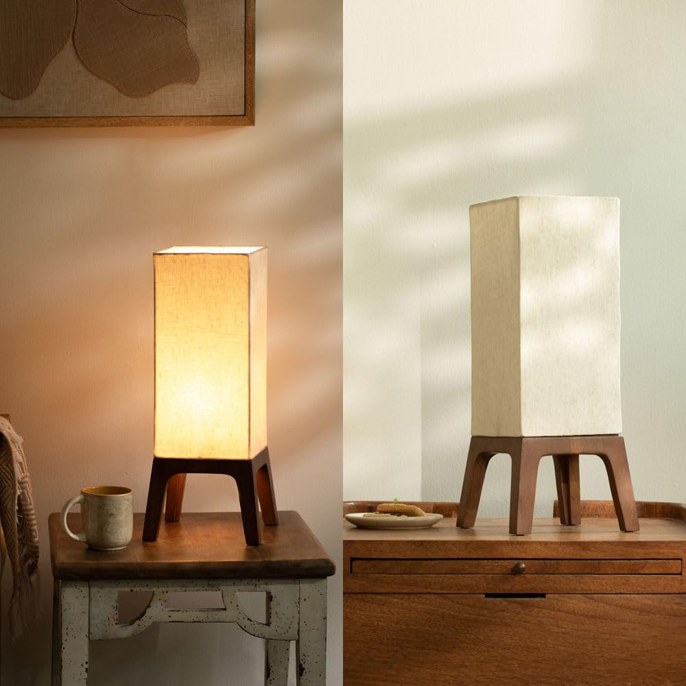 Wooden Table Lamp with Square Legs & Shade (Beige) | Decorative Night Light | 18 x 18 x 43 cm | Art Deco