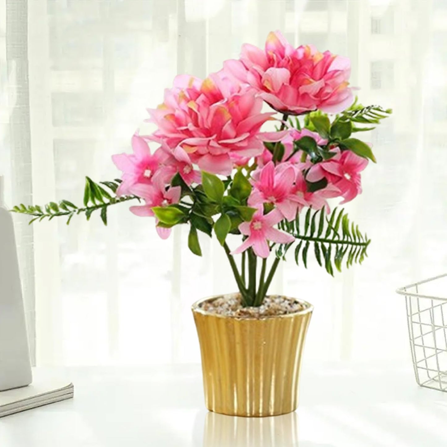 Ekhasa Dahlia Daisy Artificial Flowers with Vase Pot for Home Decoration (25 CM Total Height, 10 Flower Heads) | Guldasta Flower Pots with Artificial Show Flower for Living Room, Bedroom, Hall Decor