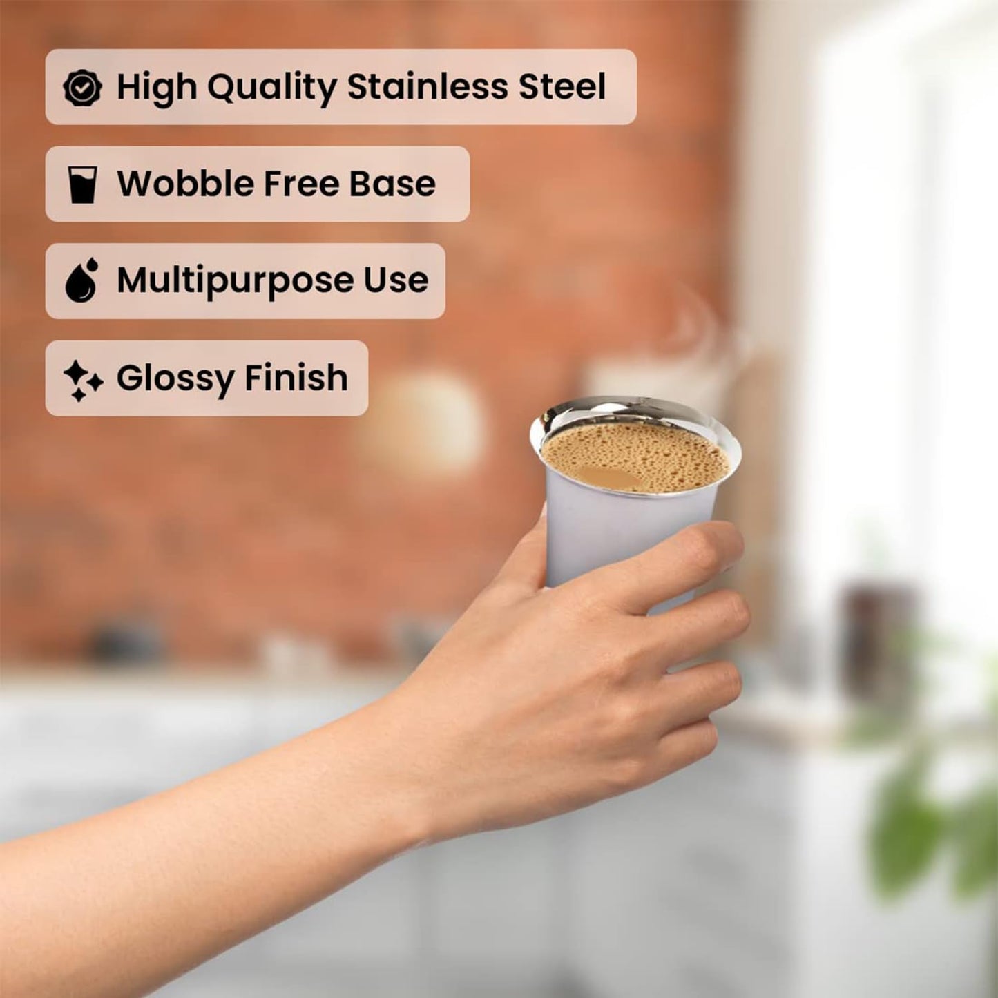 Kuber Industries Small Stainless Steel Glass | Set of 6 I South Indian Design | Multipurpose Serving Tea Coffee I Mirror Finish | Easy to Clean & Maintain (Pack of 3)