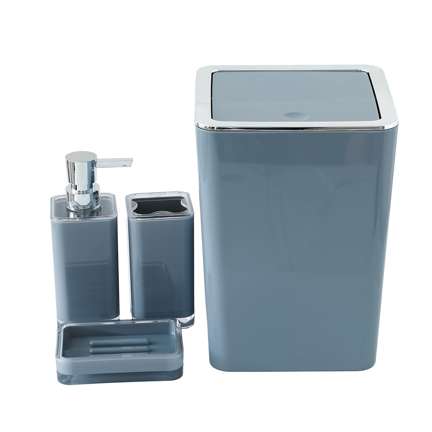 4 PC Bathroom Accessory Set - Durable ABS | Soap Dispenser, Toothbrush Holder, Dish Tray, Dustbin | Grey