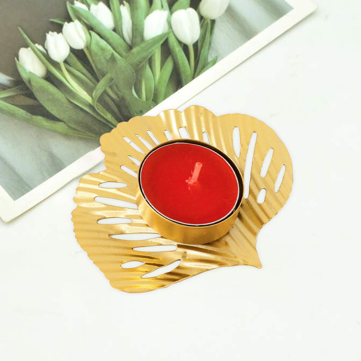 Tealight Candle Holder - Golden Leaf Shape, Powder Coated Metal | Ideal for Diwali Decoration | 8 x 10 x 8 CM