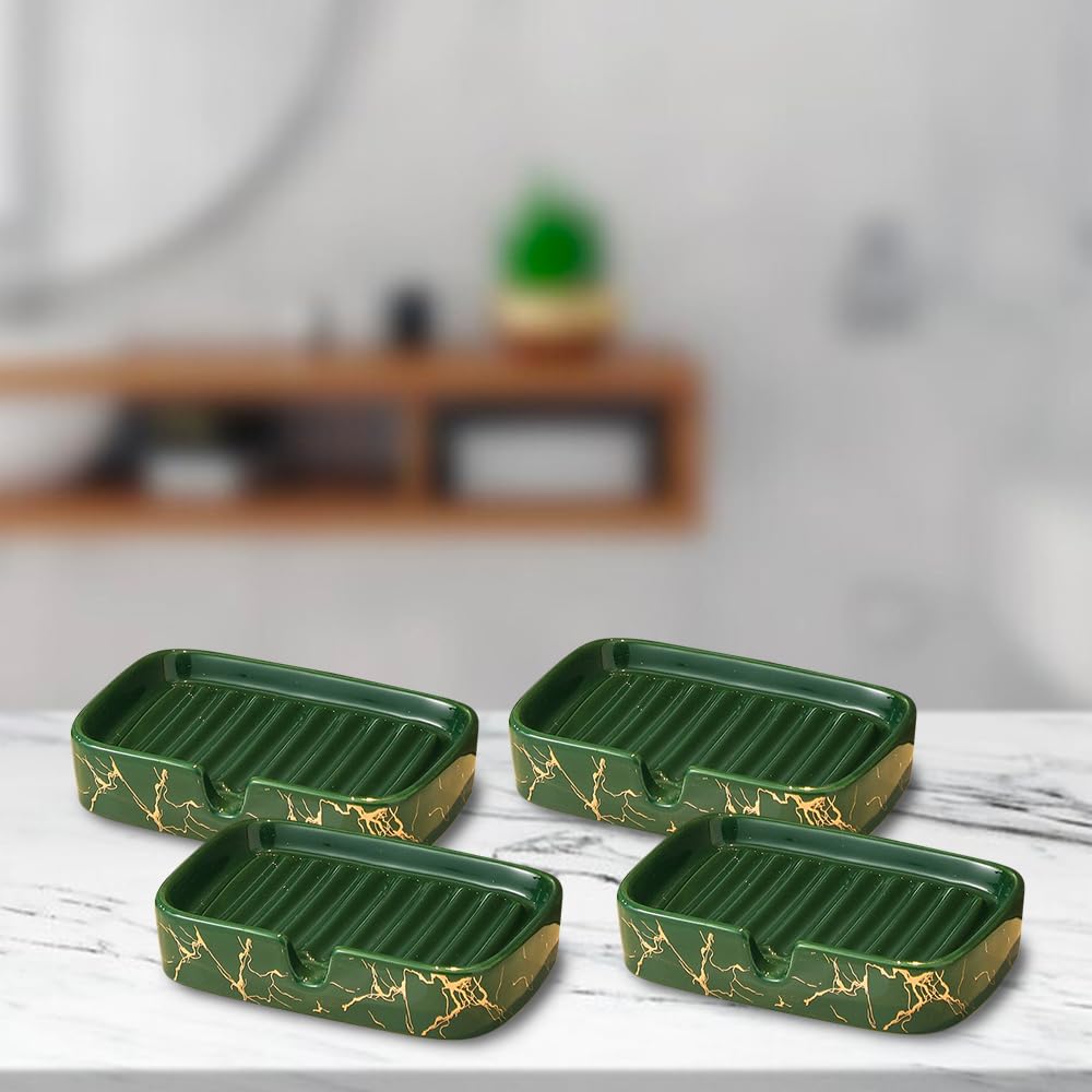 Set of 4: Ceramic Soap Cases - Dishwasher Safe, Stylish Design | Bath Accessories | Green | for Soap Dish Tray