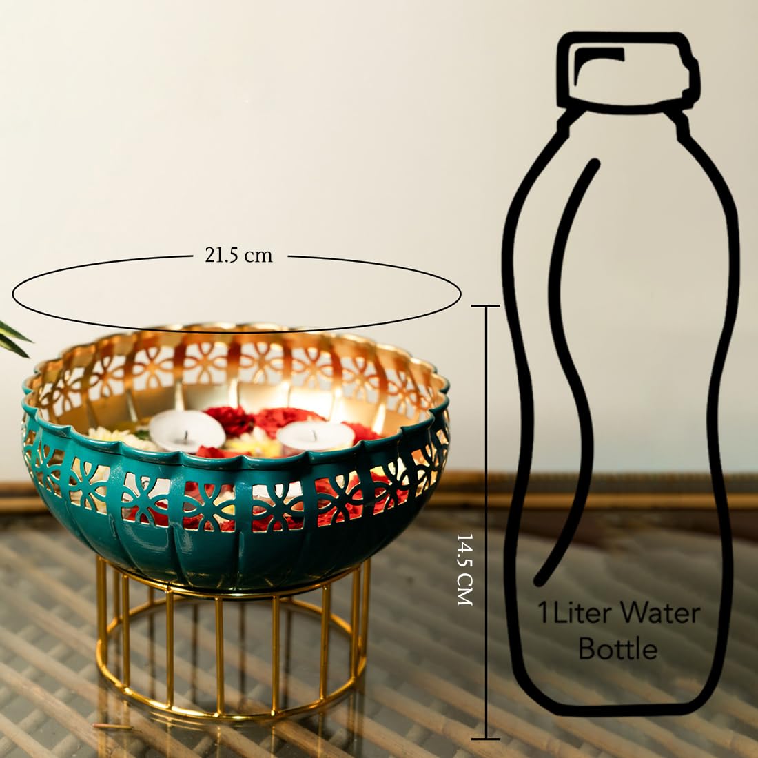 Combo: Green Urli Bowl with Stand & Tealight Holder for Home Decor | Water Bowl for Floating Flowers | Color: Green