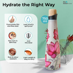 The Better Home Insulated Stainless Steel Water Bottle 750ml | 18 Hours Insulation Cork Cap | Hot Cold Gym Office School | Airtight Leak Proof BPA Free | Pink Lotus Design Multicolour | 1 Bottle Pack