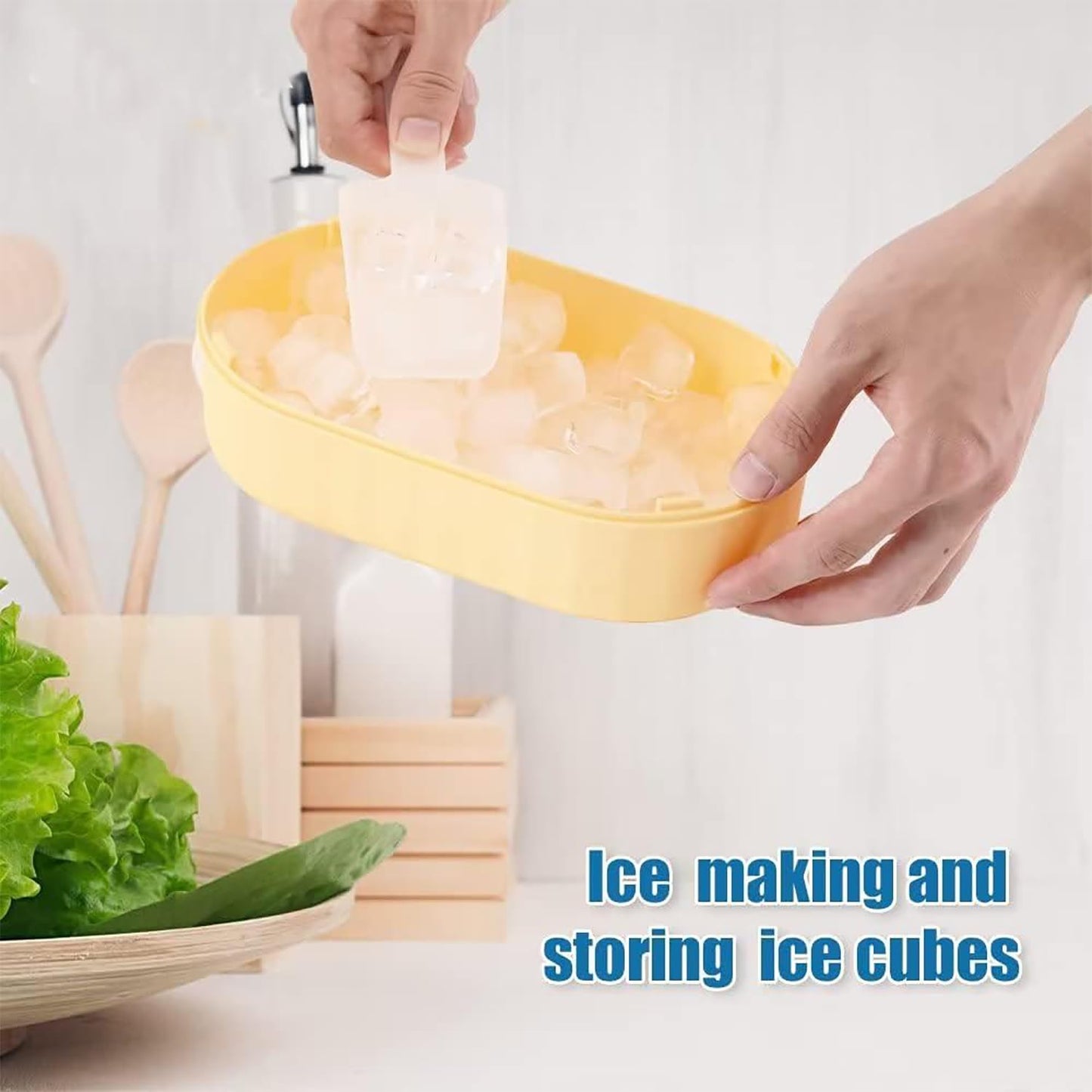 Pack of 3: 2 Layer Ice Cube Tray with Lid - BPA Free | Ice Scoop Included | 72 Ice Cube Molds | Yellow