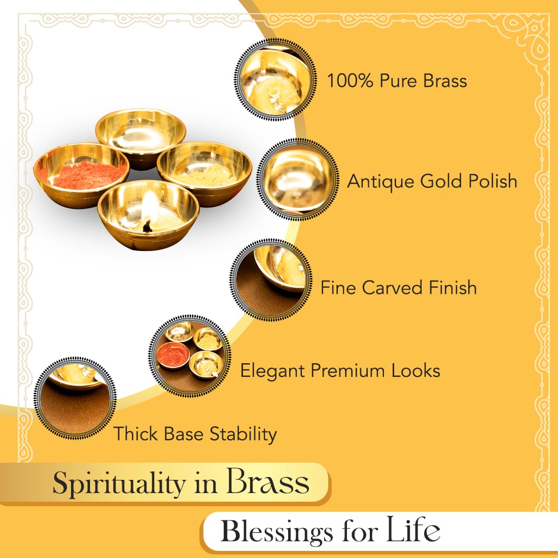 Ekhasa Pure Brass Katori for Pooja | Small Multipurpose Prasadam Bowls for Pooja | Katori for Prasad | Pooja Items Peetal Bowl (Set of 4) | Pital Diya Roli Chawal Kumkum Cups for Puja