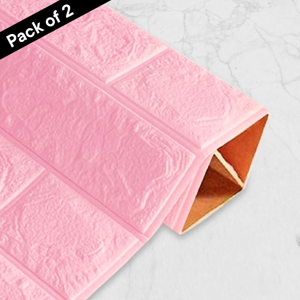 Pack of 2: 3D Brick Pattern Wallpaper | Easy Peel & Stick | 70 cm x 77 cm Each | Soft Pink Foam