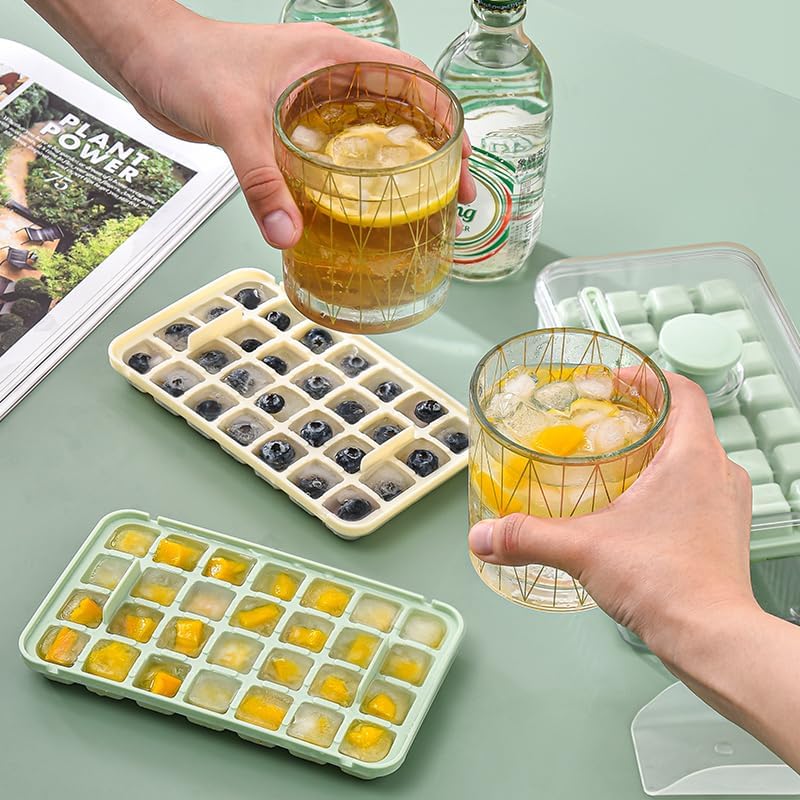 Kuber Industries Pack of 2| 2 Layer Ice Cube Tray with Lid | Ice Cube Storage Box with Ice Scoop | 56 Ice Cube Molds for Freezing | One-Press Demolding | BPA Free | Green