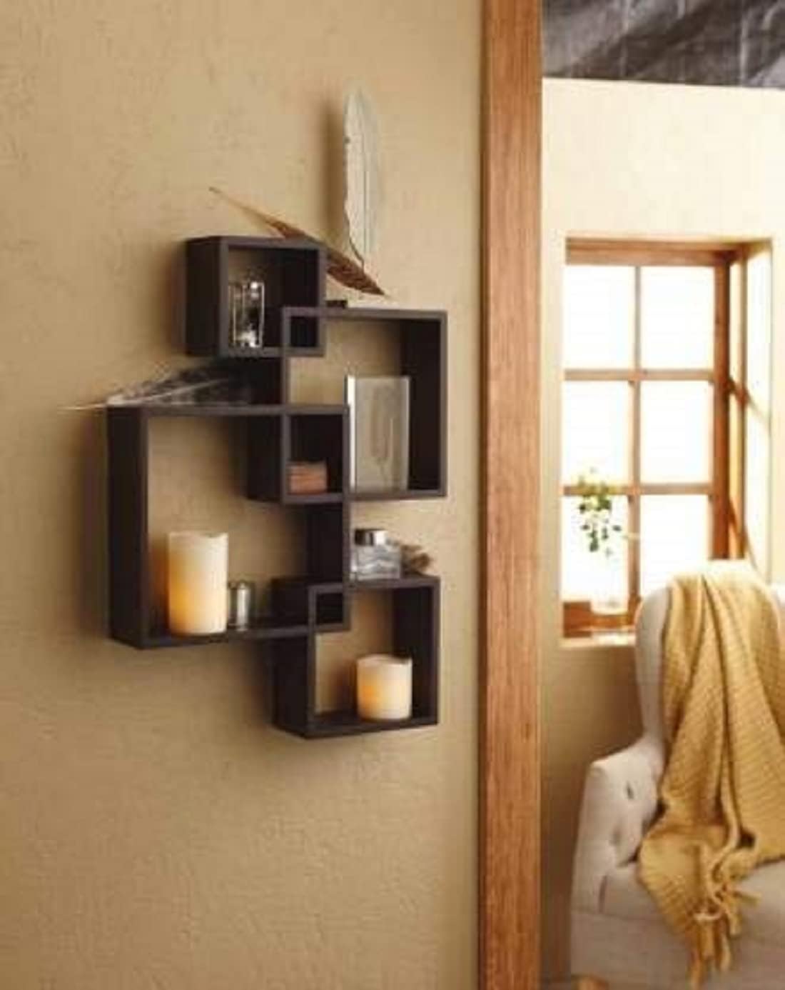 Kuber Industries Wall Shelves|Handicraft Wooden Intersecting Wall Rack|Floating Shelves Wall D?cor for Living Room,office,Set of 4,(Brown) (Pack of 2)