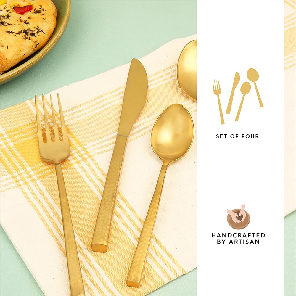 Combo: Gold Hammered Cutlery Set - Stainless Steel, Food Grade | Spoons, Forks, Knives | Dishwasher Safe | Gold