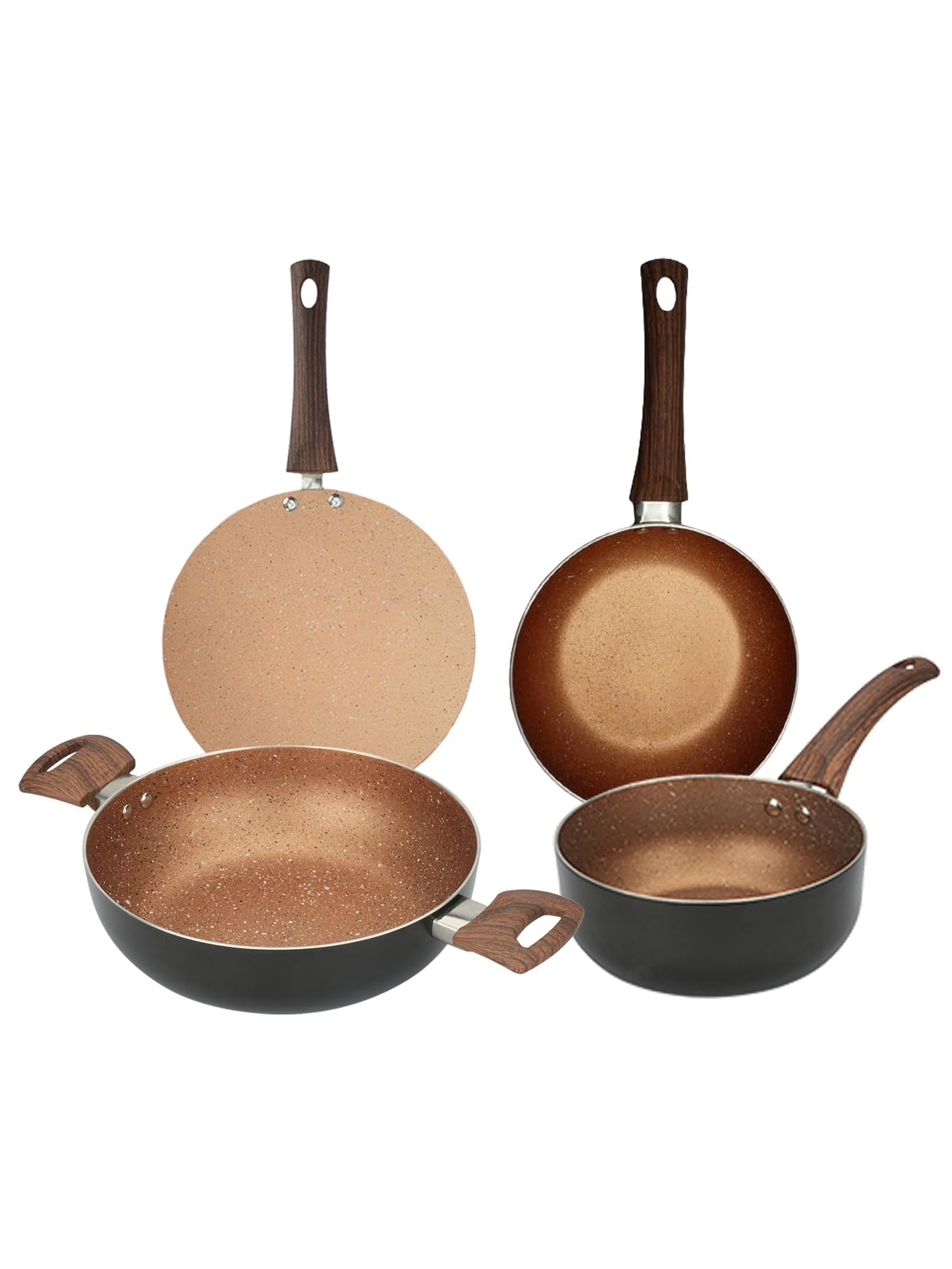 USHA SHRIRAM Golden Non-Stick Cookware Set | Small Fry Pan, Roti Tawa, Sauce Pan (1L), Kadai with Lid |Minimal Oil Cooking|Easy Grip Handles |Non-Toxic & Lightweight | Pack of 4