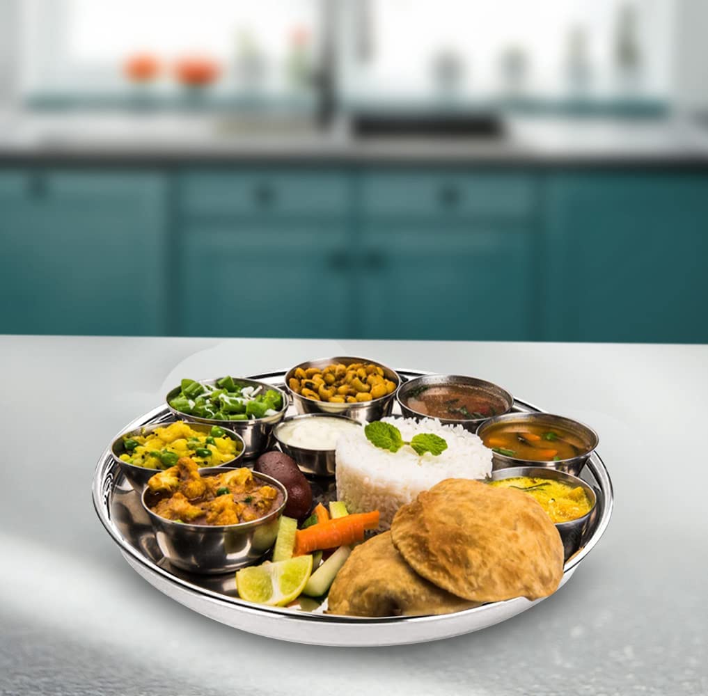 Kuber Industries Stainless Steel Dinner Plates Set of 6 | 29 cm Dia I Heavy Gauge & Deep Base | Mirror Finish | Multi Purpose Steel Thali Set of 6 (Pack of 2)